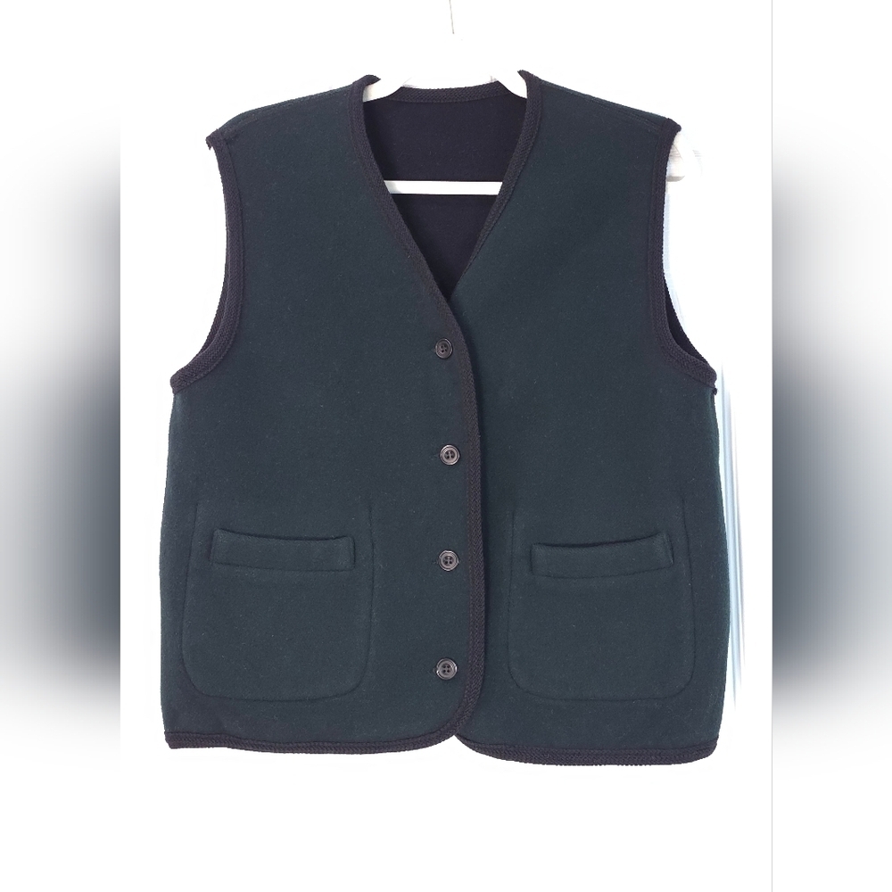 Vintage Reversible Green Black Wool Button Front Vest Unisex Size M - Picture 3 of 14
